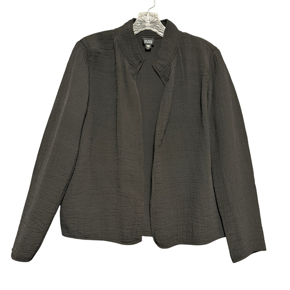 Eileen Fisher Jacket Womens XS Black Silk Blend Textured Open Front Minimalist